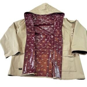 Vintage 80s Duck Print Reversible Cream/Burgundy Aqua Sheen Raincoat Size M